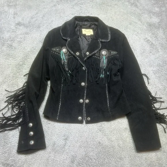 Vintage Scully Jacket Womens M Black Leather Western Fringe Studded Beaded Suede - Picture 1 of 16